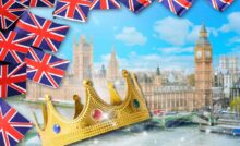 Big Ben con Tamigi, corona e bandiera Regno Unito
